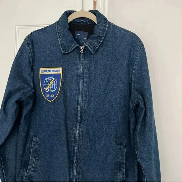 Zara Men Denim Lined Jacket Zip Closure Size Medium With Chest Patch - Picture 4 of 8